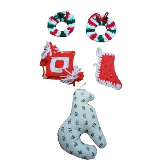 Vintage Handmade Primitive Christmas Ornaments Set Crochet Knit Fabric 5pc - Picture 9 of 13